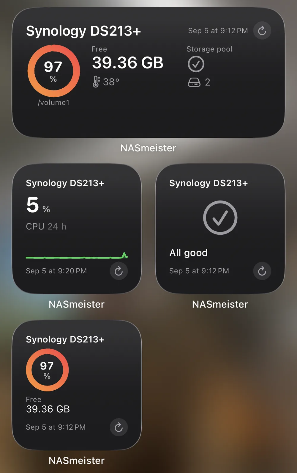 NASmeister widgets on an iPhone Home Screen: a wide one with free space, drive temperature and storage pool status, a CPU widget with a 24 hour graph, and one reporting All good, each naming the server and when the reading was taken